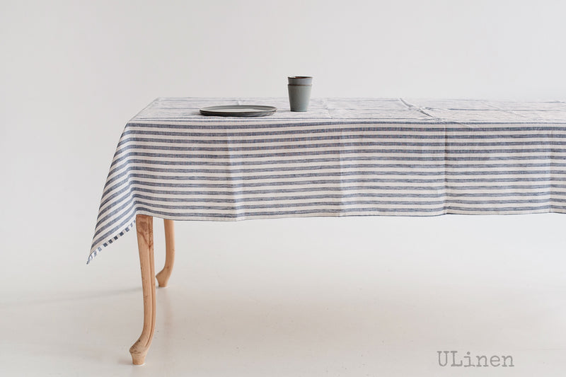 Striped Linen Tablecloth in Blue Color