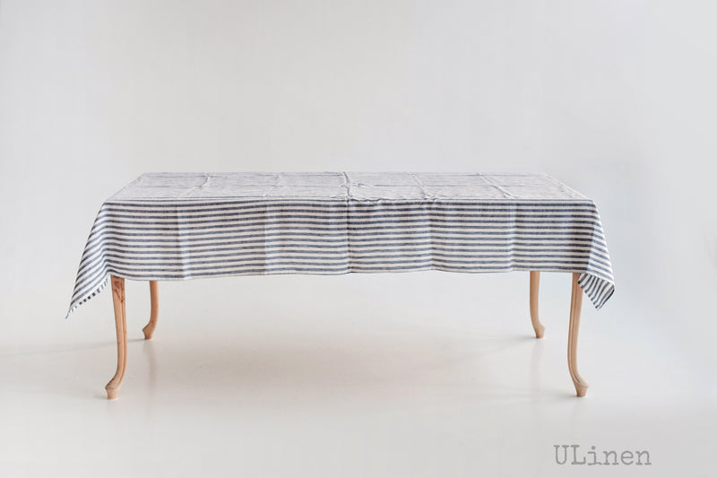 Striped Linen Tablecloth in Blue Color