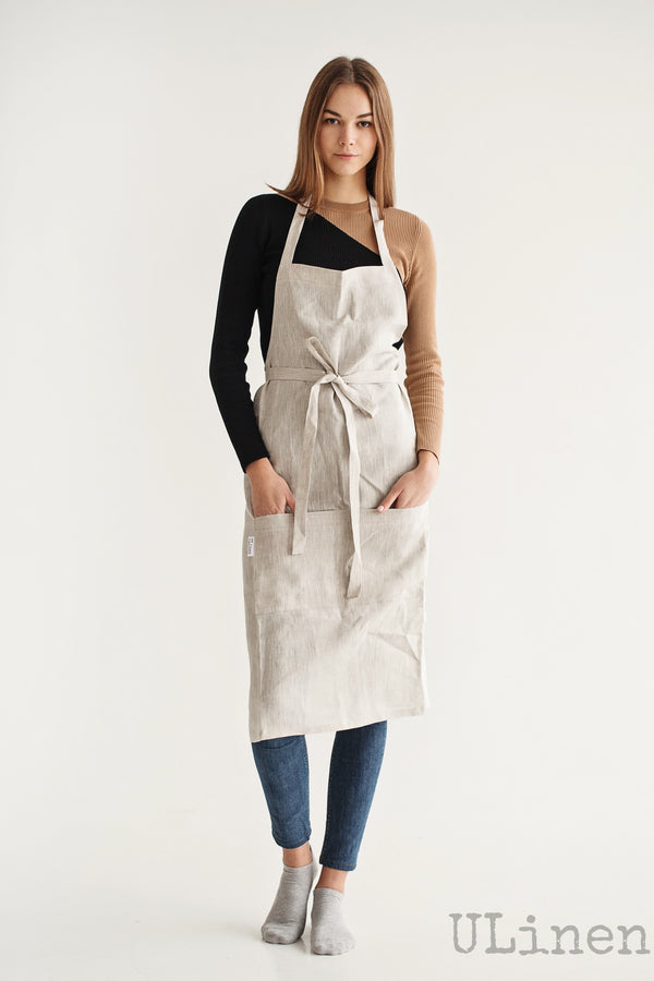 Linen Apron in Natural color (with 2 front pockets)