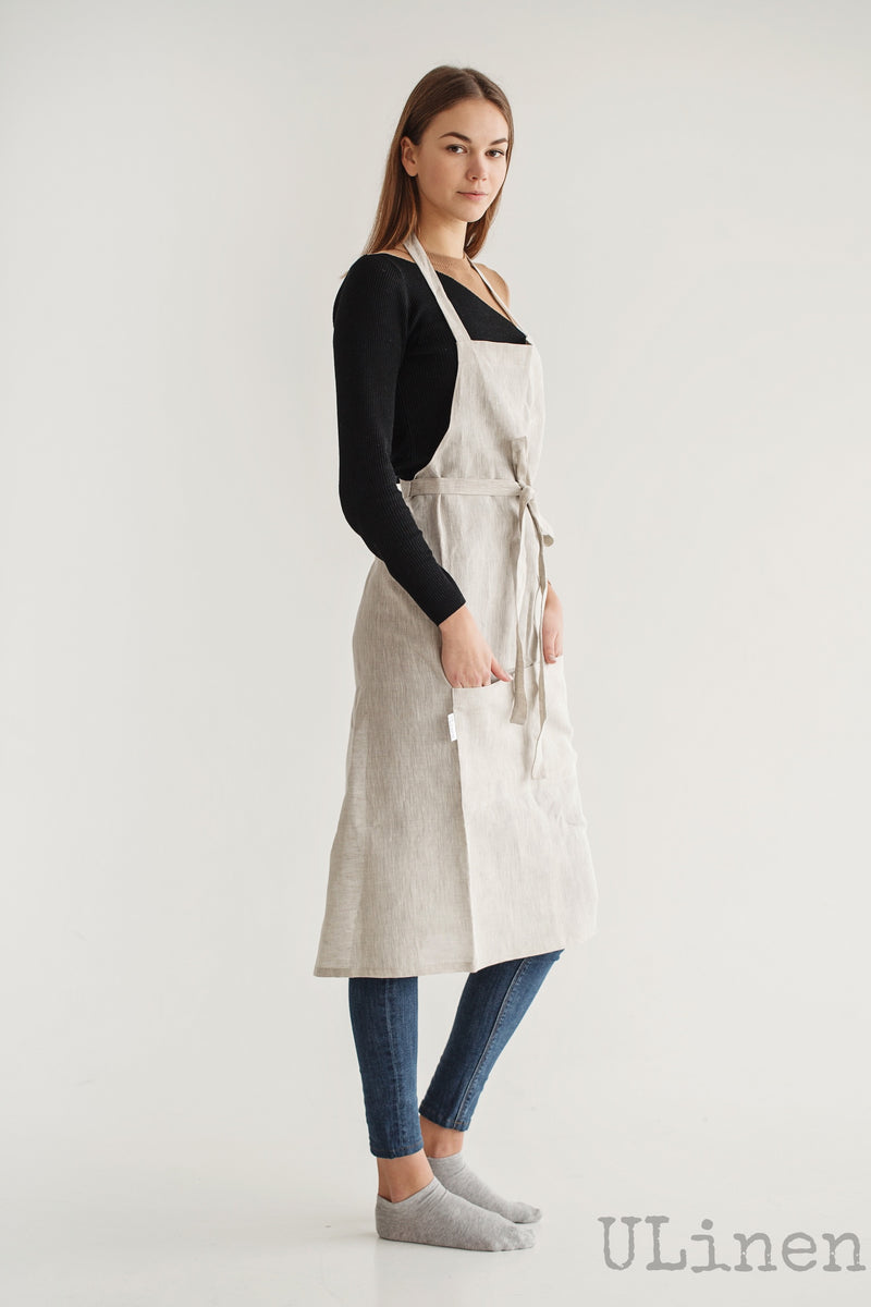 Linen Apron in Natural color (with 2 front pockets)