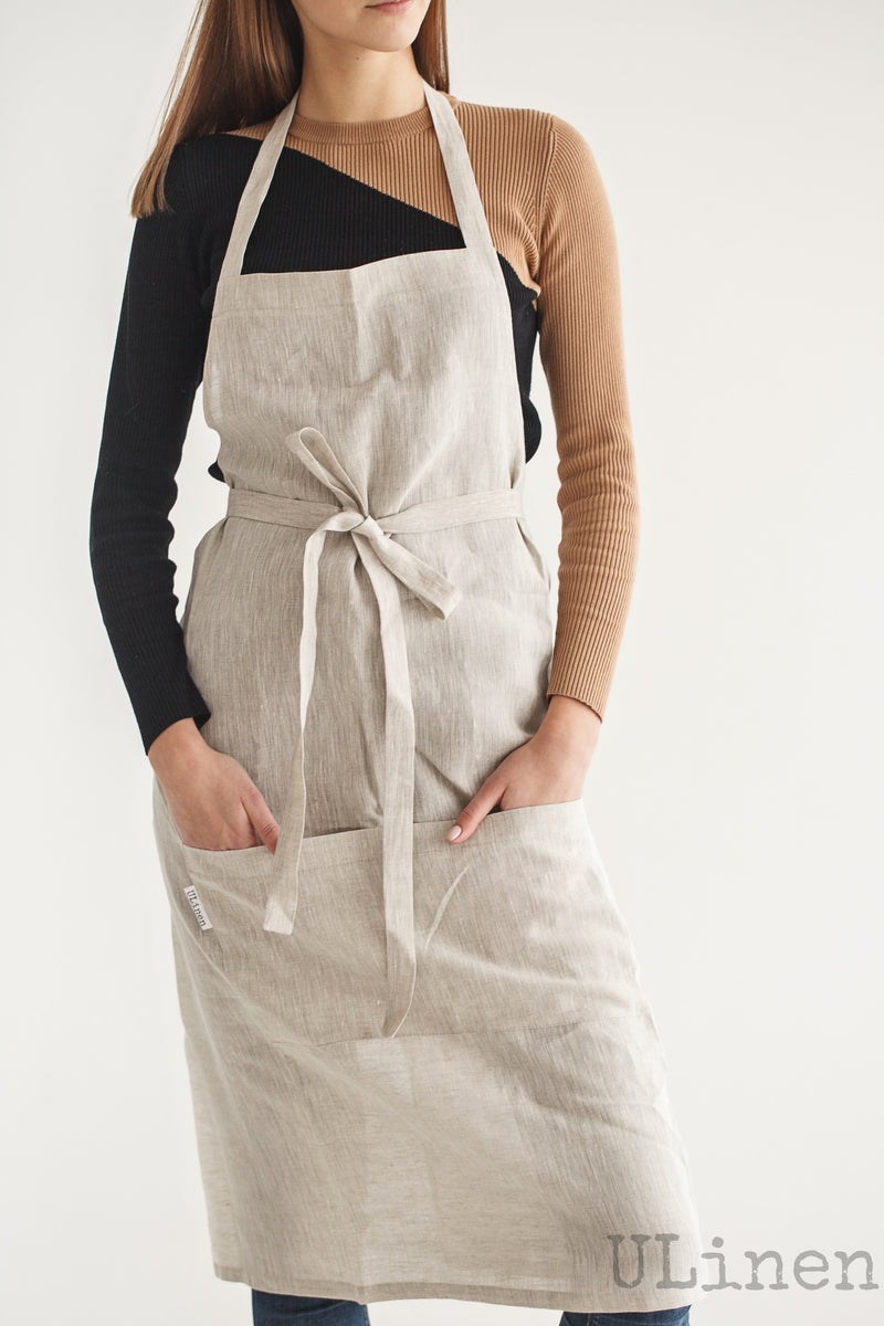 Linen Apron in Natural color (with 2 front pockets)