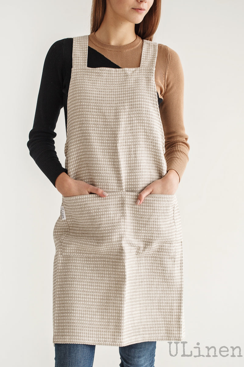 Linen Japanese style Apron in Beige color (with 2 front pockets) for women