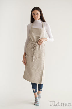 Linen Apron in Beige color (with 2 front pockets)