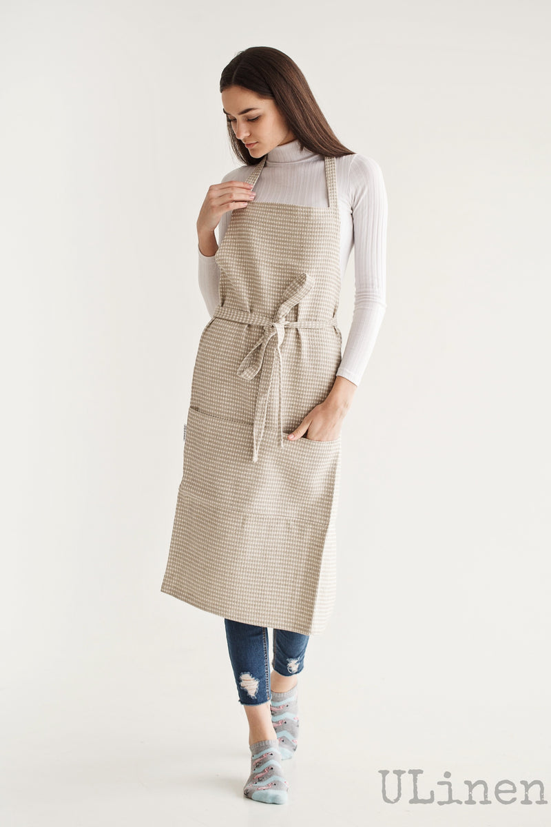 Linen Apron in Beige color (with 2 front pockets)