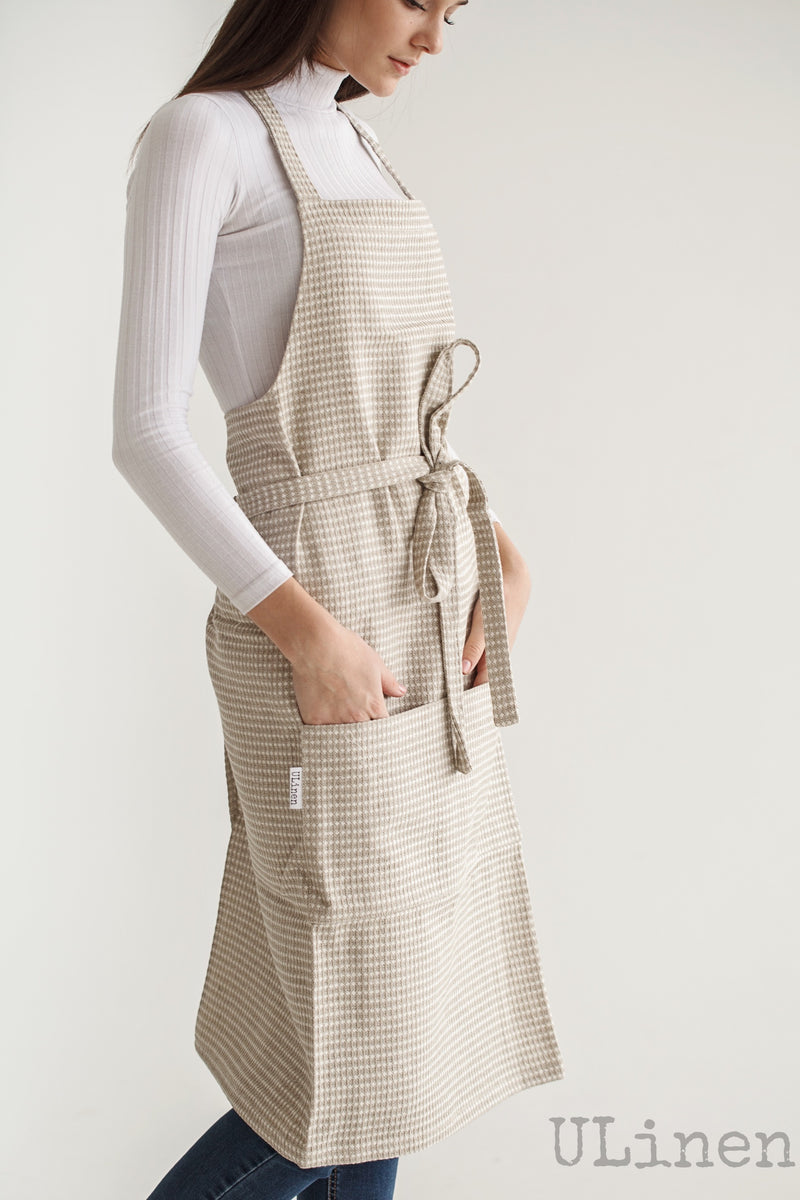 Linen Apron in Beige color (with 2 front pockets)