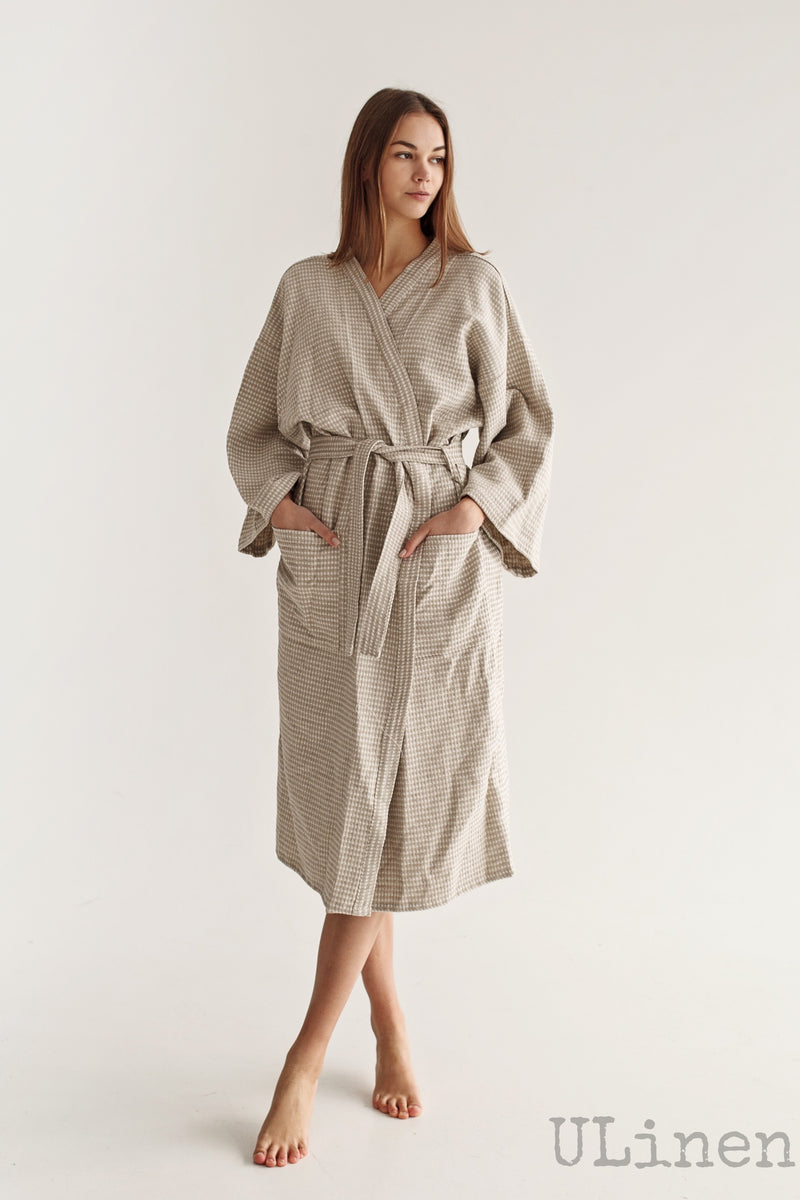 Linen Bath Robe in Beige color (Kimono Style)