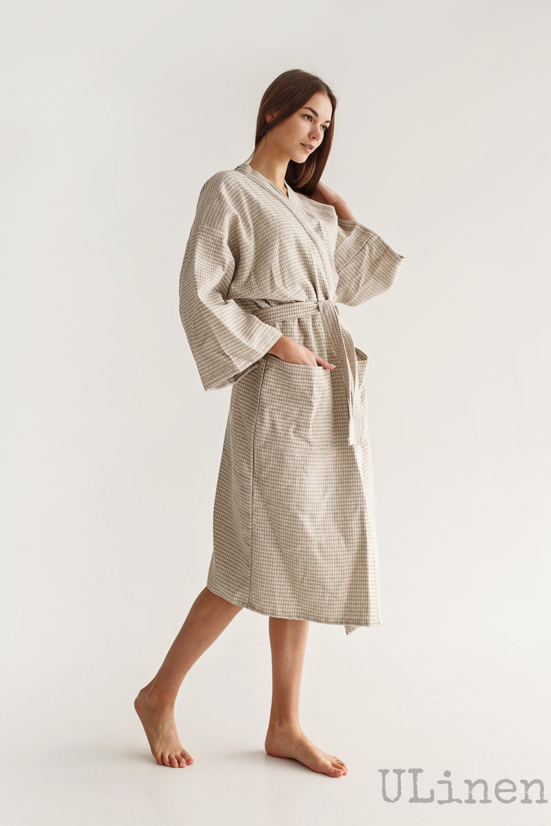 Linen Bath Robe in Beige color (Kimono Style)