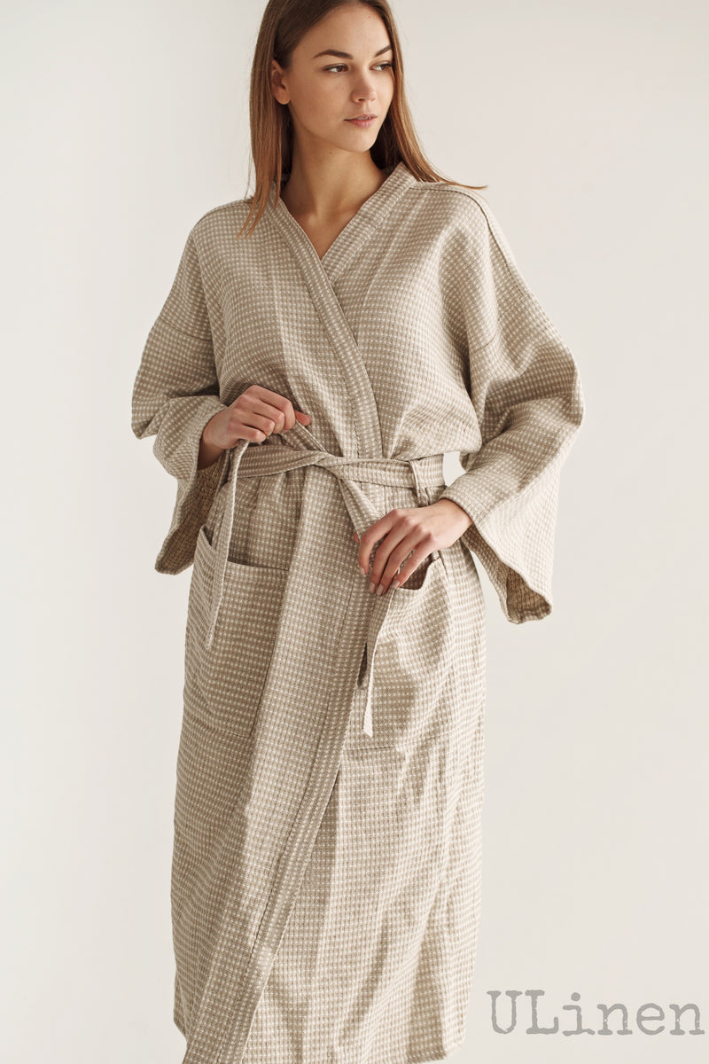 Linen Bath Robe in Beige color (Kimono Style)