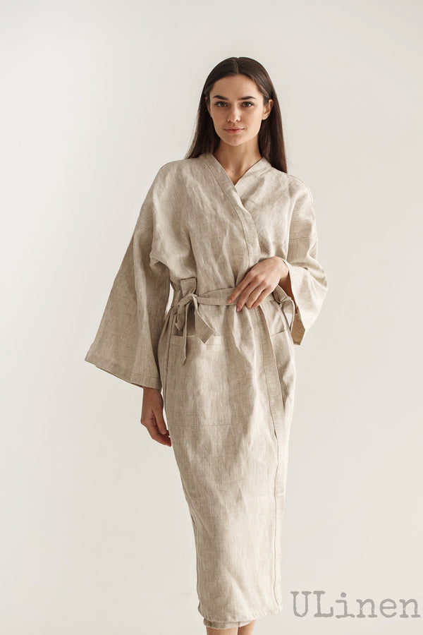 Linen Bath Robe in Natural color (Kimono Style)