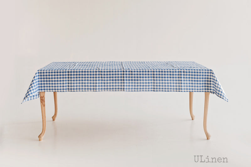 Light Blue Linen Tablecloth in Cages