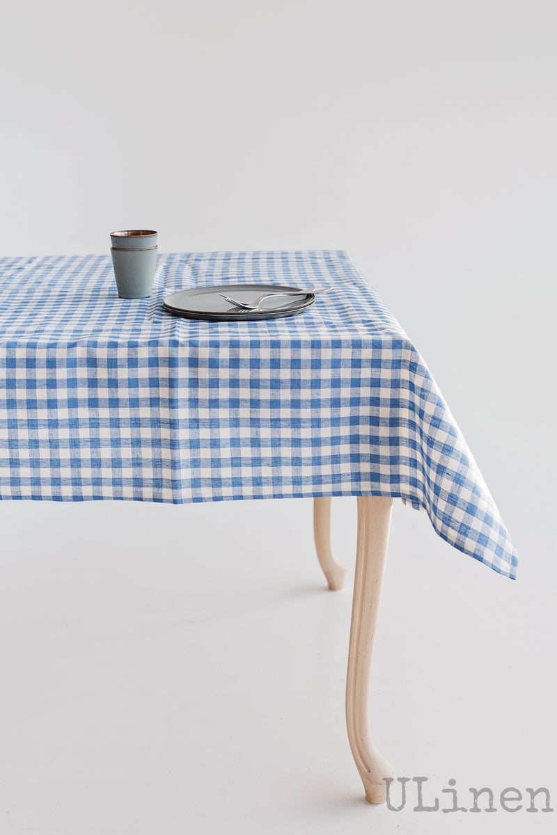 Light Blue Linen Tablecloth in Cages