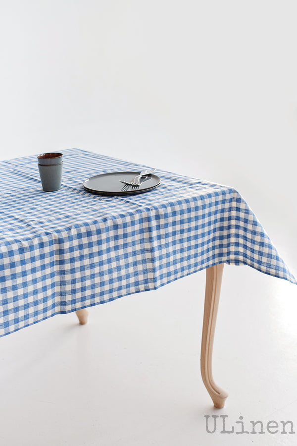 Light Blue Linen Tablecloth in Cages