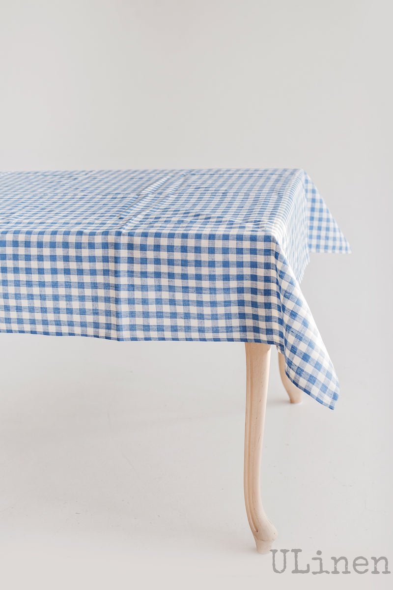 Light Blue Linen Tablecloth in Cages