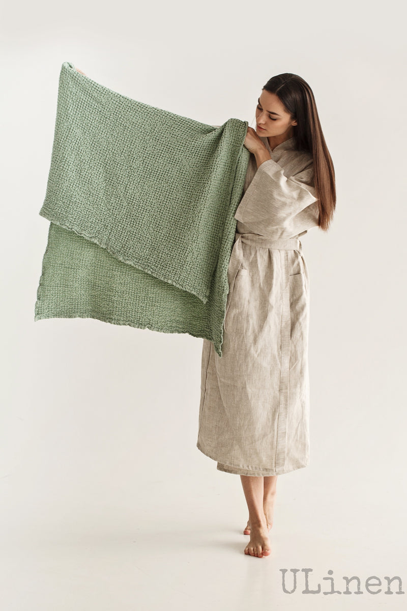 Green Waffle Linen Bath Towel