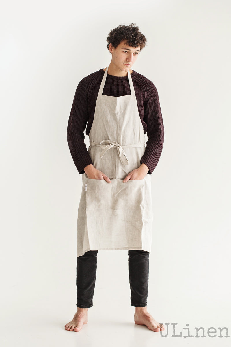 Linen Apron in Natural color (with 2 front pockets)