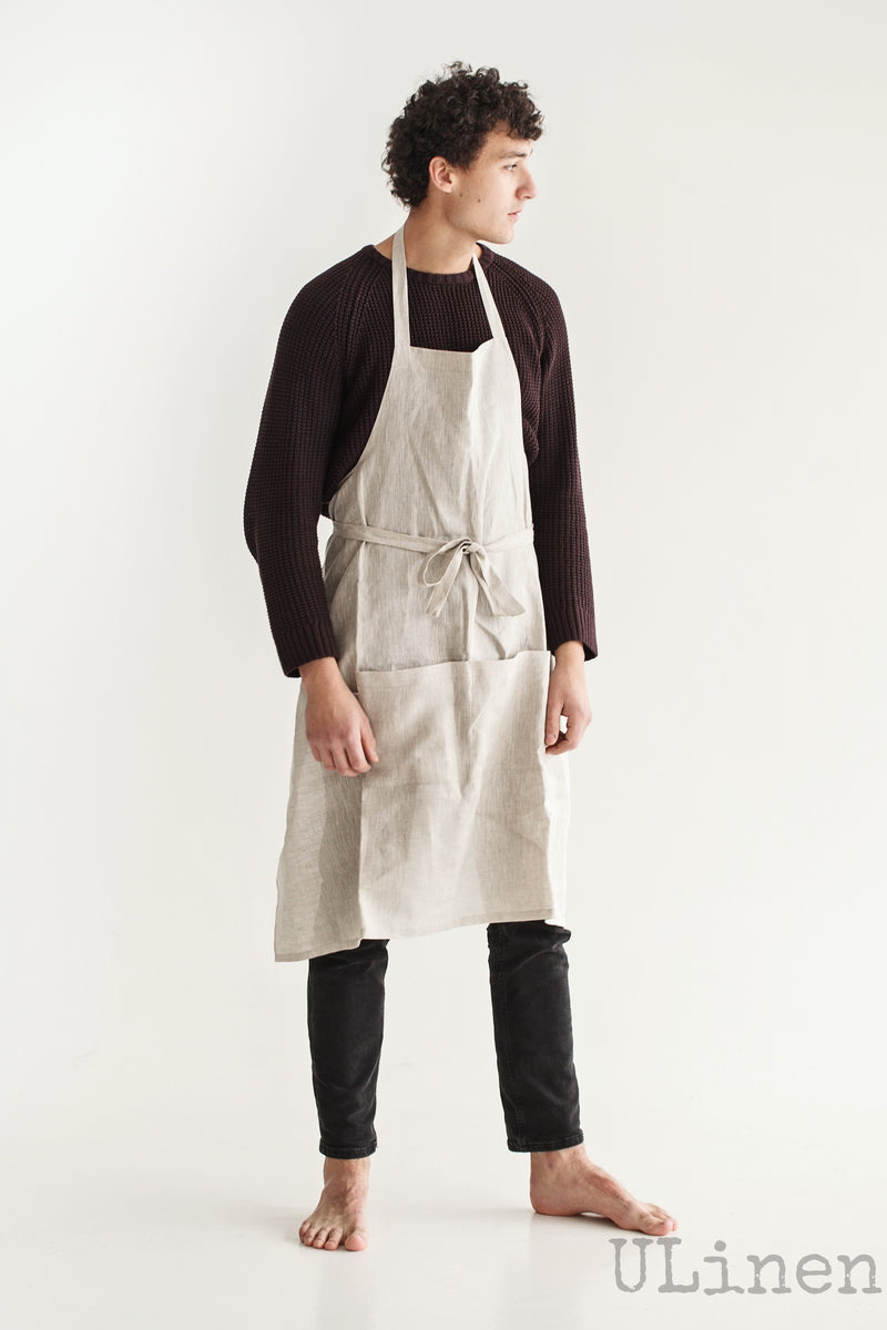 Linen Apron in Natural color (with 2 front pockets)