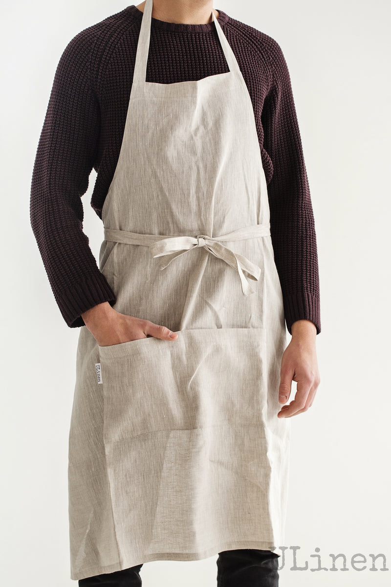 Linen Apron in Natural color (with 2 front pockets)