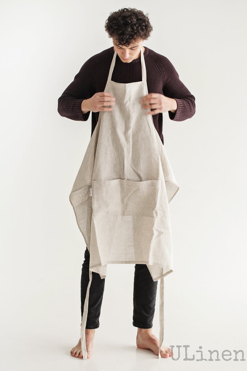 Linen Apron in Natural color (with 2 front pockets)