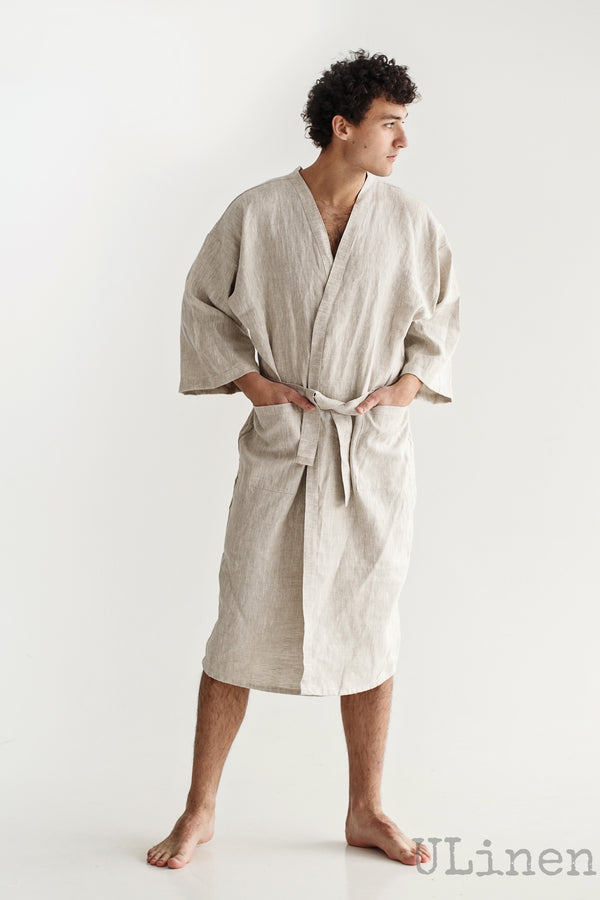 Linen Bath Robe in Natural color (Kimono Style)