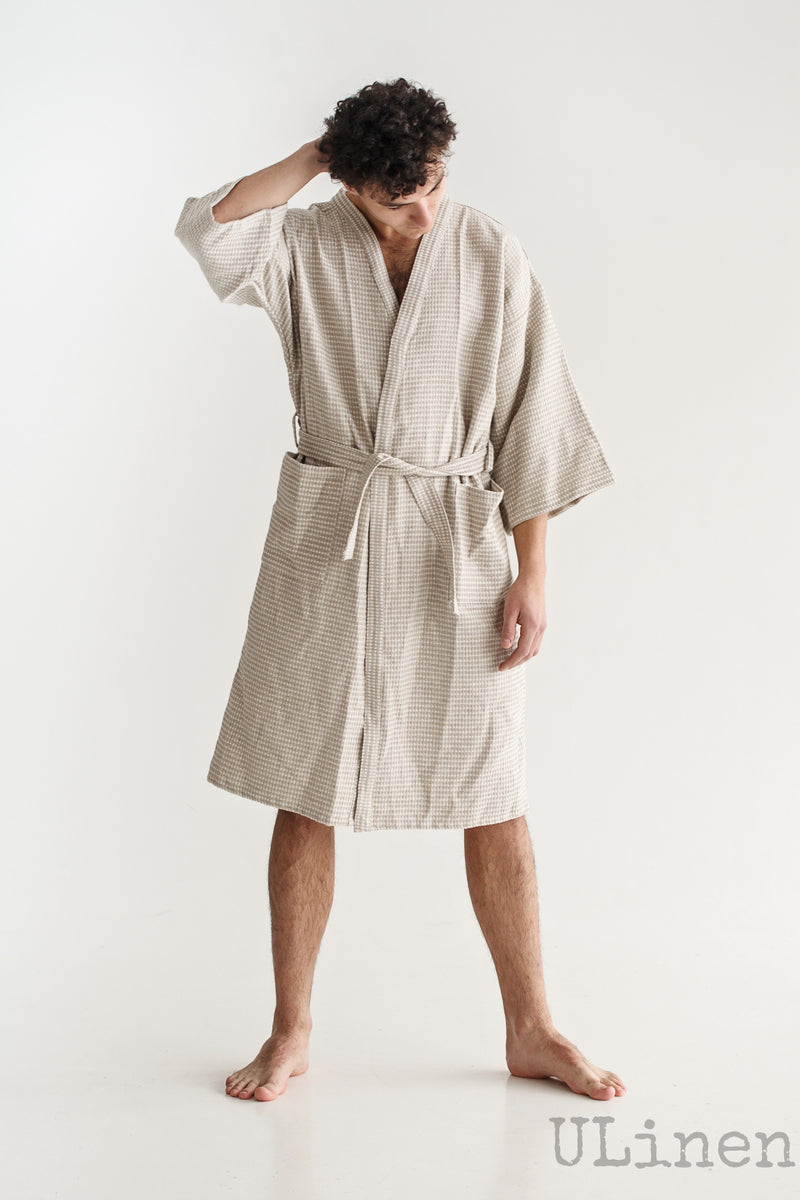 Linen Bath Robe in Beige color (Kimono Style)