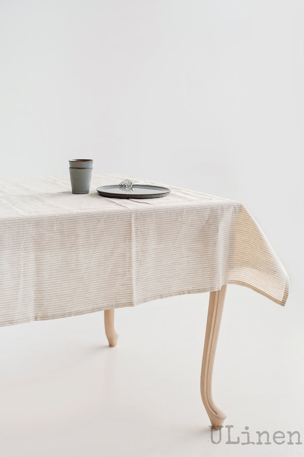 Striped Linen Tablecloth in Beige Color