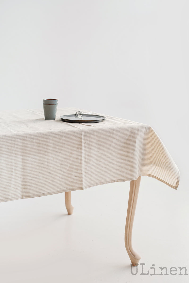 Striped Linen Tablecloth in Beige Color