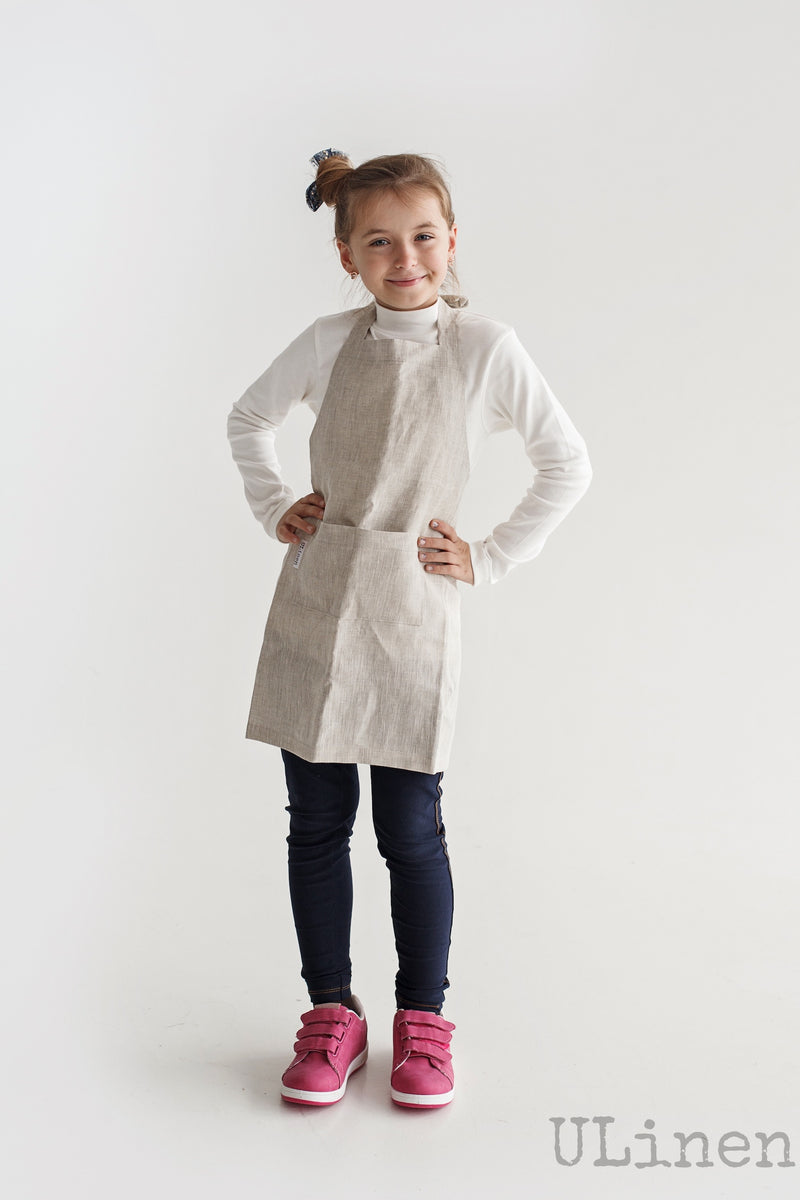 Linen Kids Apron in Natural color (with 2 front pockets)